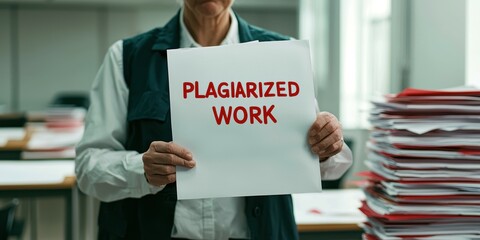 A middle-aged man holds a sign reading 'Plagiarized Work' amidst a pile of documents.