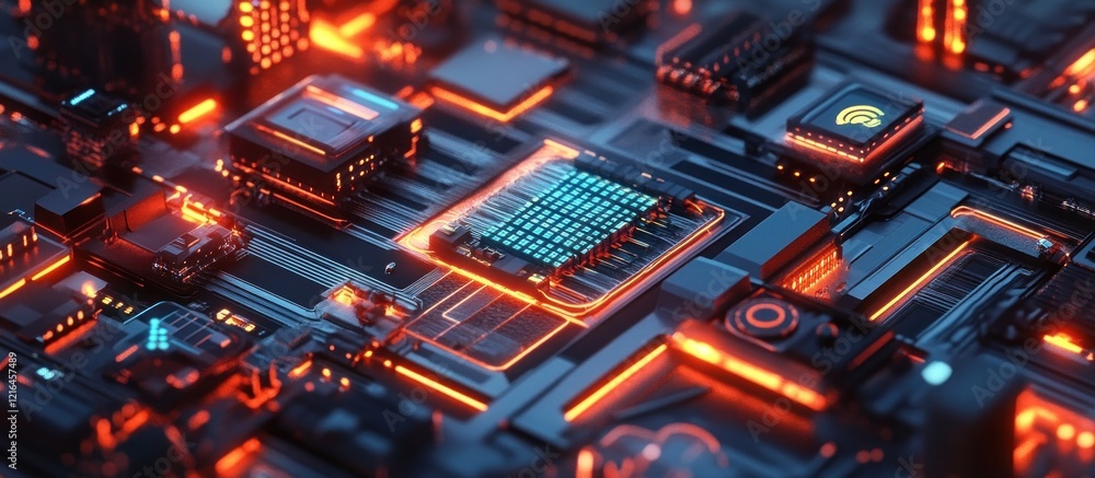 Poster futuristic cpu with glowing circuits and components.