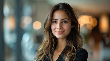 Obraz premium businesswoman smiling confidently at the camera in front of a blurred corporate office background