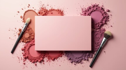 A blank eyeshadow palette box mock-up, surrounded by brushes and vibrant powders 3d illustration brand mock-up template. 