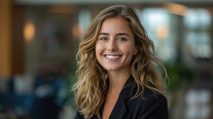 Obraz premium businesswoman smiling confidently at the camera in front of a blurred corporate office background
