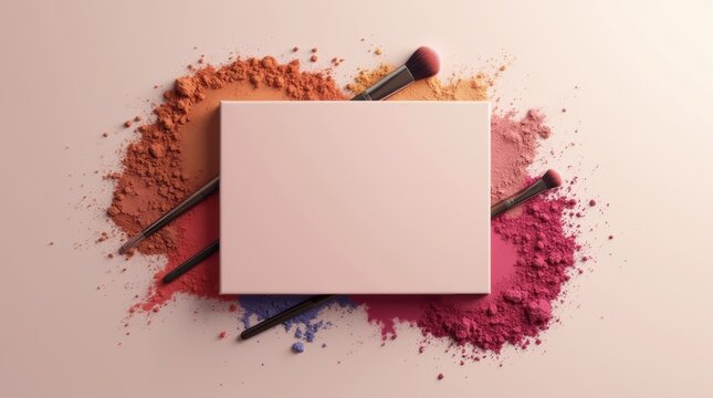 A blank eyeshadow palette box mock-up, surrounded by brushes and vibrant powders 3d illustration brand mock-up template. 