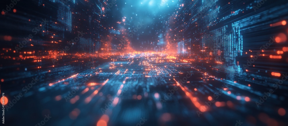 Poster abstract digital tunnel with glowing particles and lines.
