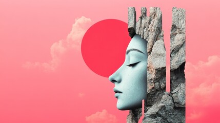 Surreal Female Portrait with Rock Elements and Pink Sky Background
