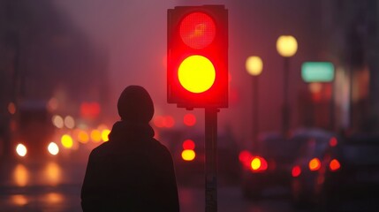 Busy intersection at night with a red traffic light and waiting pedestrian