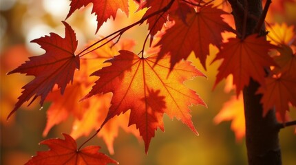 Fototapeta premium A close-up of a maple tree's leaves, highlighting their intricate shapes and vibrant colors during the fall season. 