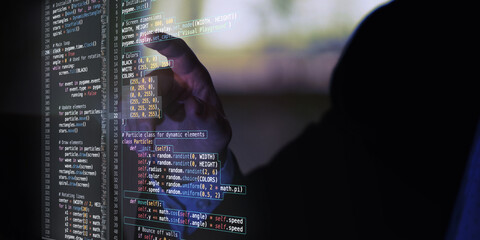 Fictional code displayed in virtual space with focus on simulation and problem-solving, symbolizing...