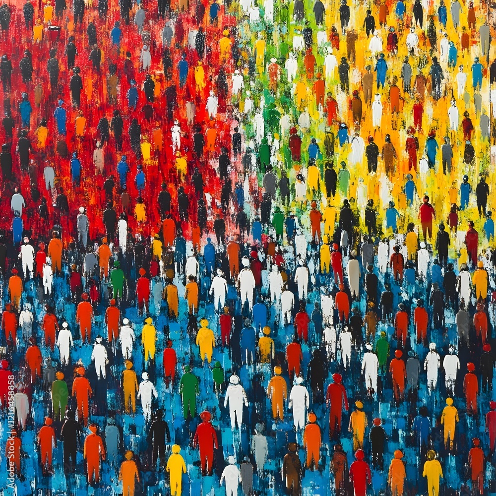 Aufkleber a vibrant abstract artwork depicting a crowd of diverse figures in various colors and patterns.