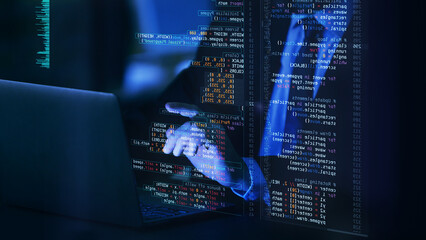 Person in formal suit typing on laptop, with holographic lines of code and graphical data overlayed on screen, indicating virtual data manipulation and coding. Concept of IT solutions, engineering. Ad