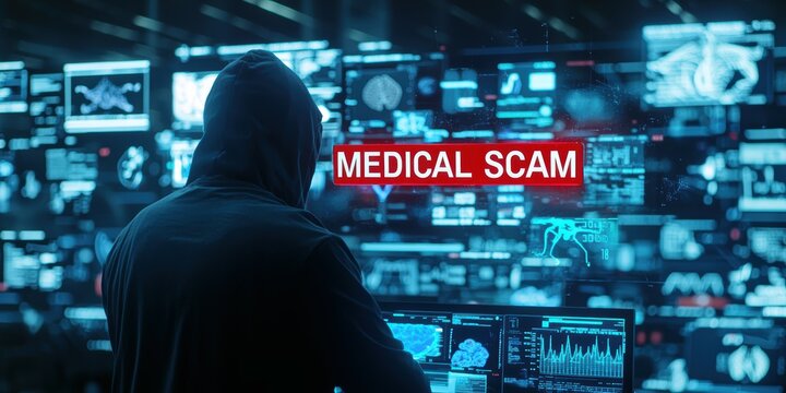 A hooded figure analyzing data on medical scams in a dark tech environment.