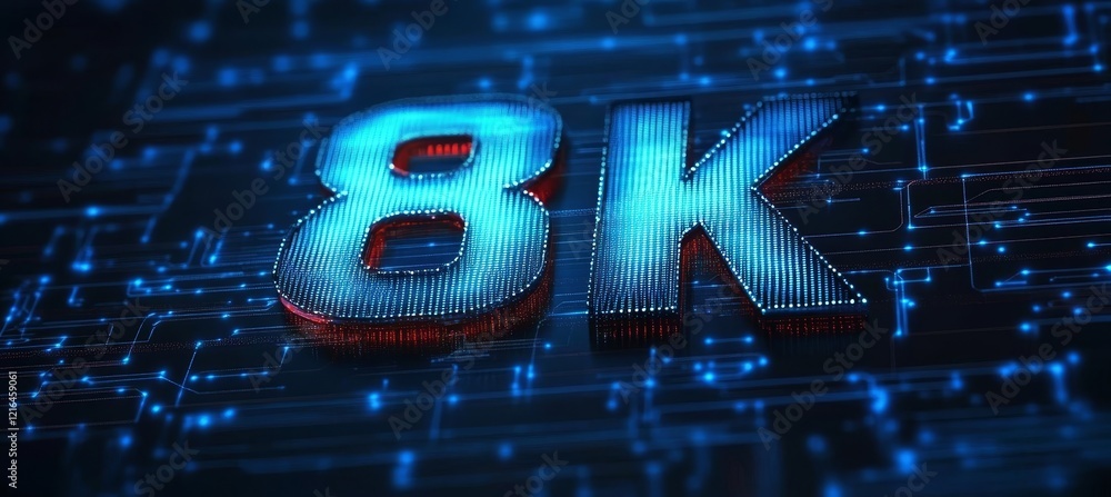 Poster glowing digital single big 3d number 8k in futuristic style on digital abstract background