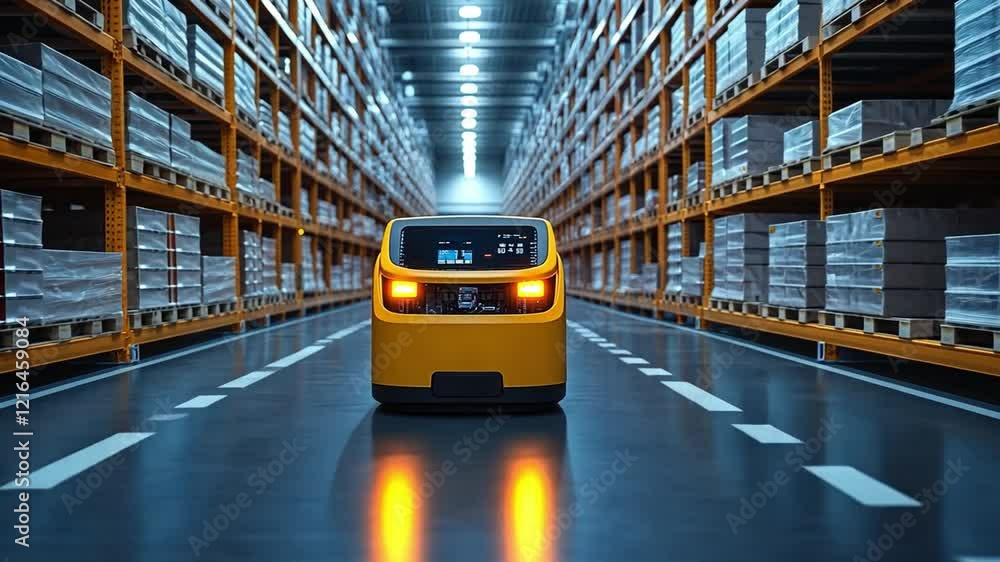 Poster robot navigating a warehouse aisle crowded with stacked crates