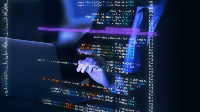 Professional interacting with laptop, with visible holographic lines of text and code, appearing to analyze or debug virtual environments. Concept of IT solutions, applications, engineering. Ad