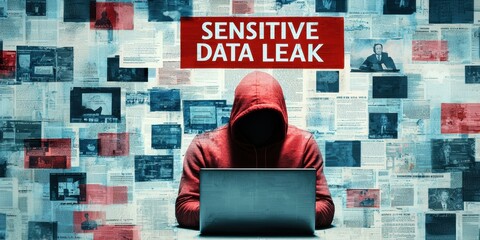 Silhouetted figure in a red hoodie working on a laptop amid news articles about data leaks.