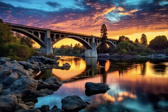 Sunset at Rainbow Bridge in Folsom, California: A Serene View of Old Trees, Calm River, and Colorful Sky (AR 3:2)