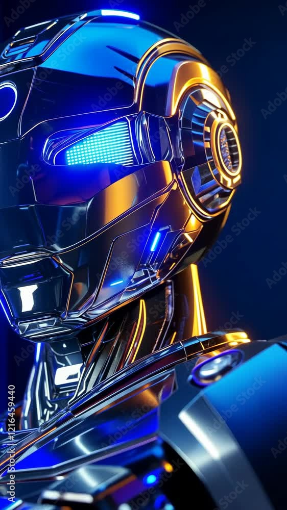 Poster futuristic robot with vibrant lights in a dark setting showcasing advanced technology and design det