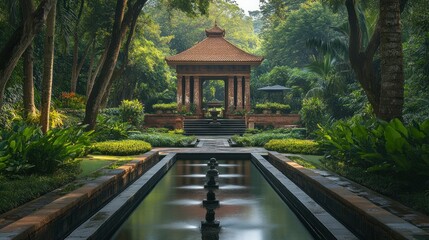 Fototapeta premium Tranquil Asian style garden pavilion centered by a reflecting pool