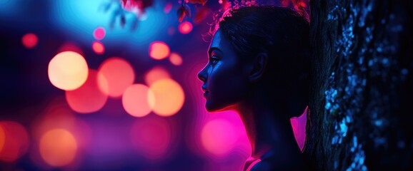 Fototapeta premium Woman silhouette, neon lights, night, city bokeh. Poster use