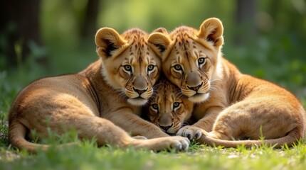 Fototapeta premium A heartwarming image of lion cubs lounging together in the shade, exuding a sense of comfort and safety