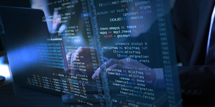 Professional pointing towards virtual screen displaying live fictional code and analytical graphs, suggesting data analysis or programming workflow. Concept of IT solutions, applications, engineering. - Powered by Adobe