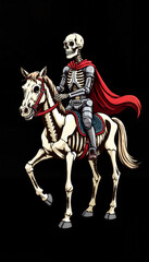 Skeleton rider on horse in red cape against black background