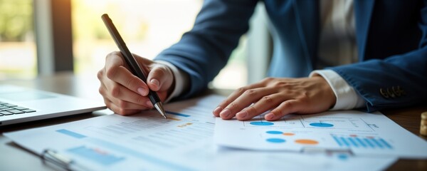 Businessperson analyzes financial data. Expert financial consultant prepares retirement tax strategies. Studies charts, graphs. Balancing wealth, estate plans crucial. Budgeting key part of financial