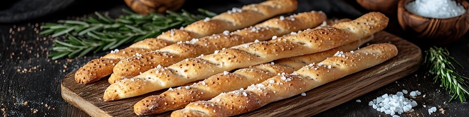 Rustic display of fresh breadsticks with rosemary and sea salt on a wooden board