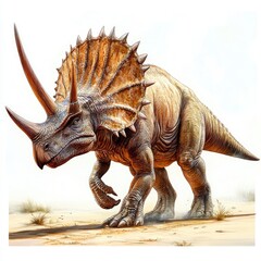 Fototapeta premium Triceratops dinosaur, desert landscape, prehistoric scene, educational illustration
