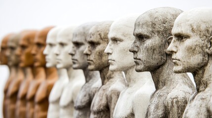 Naklejka premium Stone Male Busts Row Weathered Textures Neutral Tones