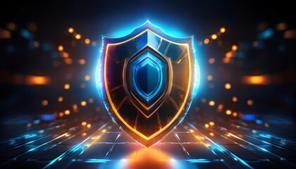 Fototapeta premium A glowing, stylized shield with a blue and orange outline, set against a dark, futuristic background with shimmering lights.