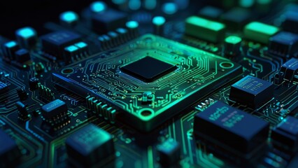 Neon-Lit Computer Motherboard with Circuit Tracks and Chips