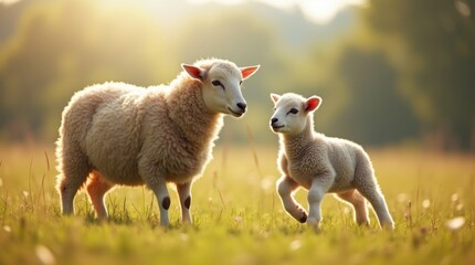 Fototapeta premium A tender moment captured of a lamb nuzzling against its ewe in a lush green pasture.