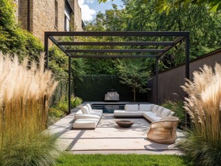 Obraz premium Modern Minimalist Backyard Oasis: Serene Poolside Relaxation with Lush Greenery and Stylish Seating Under a Chic Pergola
