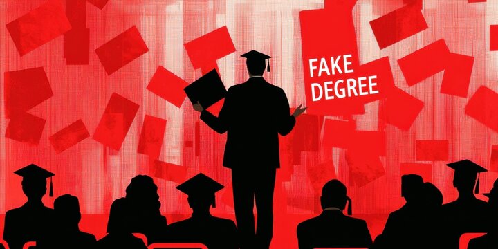 Graduate with a fake degree facing an audience, expressing disillusionment.