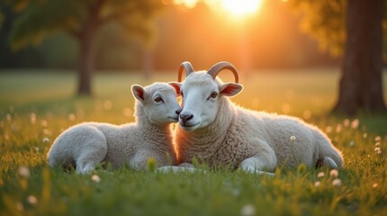 Obraz premium A serene image of a lamb resting beside its ewe in a tranquil meadow, showcasing the peaceful relationship between them.