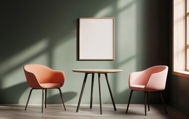 Fototapeta premium Modern interior design, a mockup poster frame on the wall in a living room with a table and chairs, a pastel pink sofa, a minimalistic style, soft colors, wooden elements