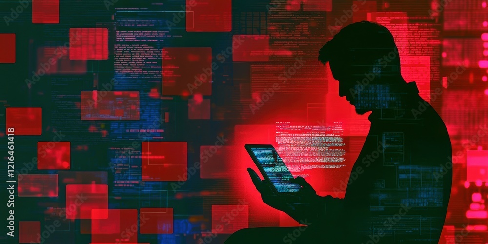 Poster silhouette of a man engaged with digital data on a tablet in a futuristic environment.