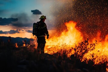 Naklejka premium Firefighter battling a wildfire at dusk with flames and embers illuminating the sky
