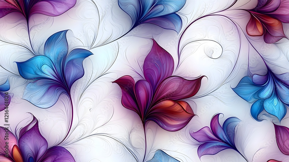 Poster elegant seamless pattern of abstract magical flowers in shades of purple and blue blending textures 
