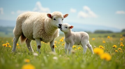 Obraz premium A tender moment captured of a lamb nuzzling against its ewe in a lush green pasture. 