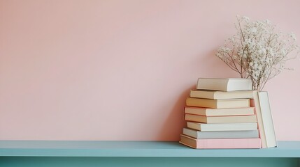 Pastel Books Stacked With Flowers Against Pink Wall