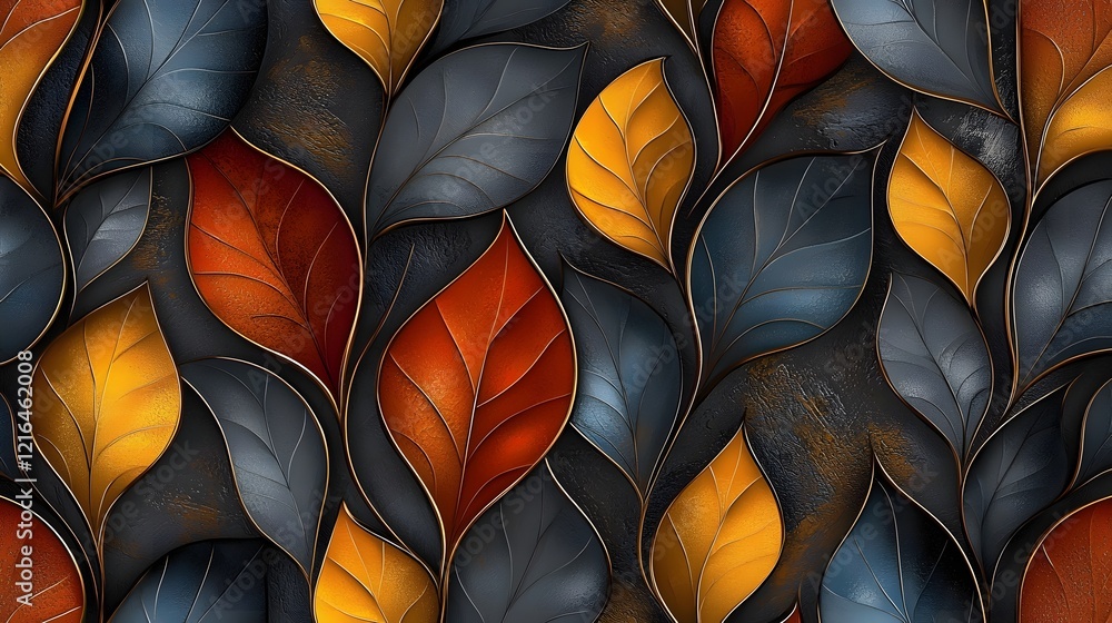 Poster Seamless abstract decorative 3D leaves pattern with intricate textures and vibrant colors creating a modern and elegant background design
