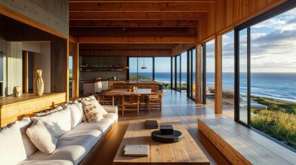 Fototapeta premium Coastal Minimalist Living: Ocean View Home Interior