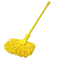 Yellow mop cleaning floor, studio shot, white background, cleaning supplies