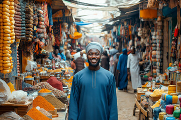 A cheerful African man wearing traditional attire stands in a colorful, bustling spice market filled with vibrant goods, textiles, and aromatic spices, showcasing cultural richness and daily life