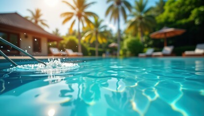 Close-up view of clear pool. Water turquoise, rippled by sunlight. Poolside area with blurred palm trees, tropical house visible. Splashing water, pool steps shown in foreground. Perfect for vacation