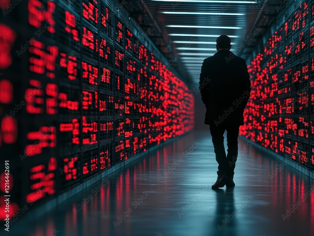 Poster a man in a dark coat walks through a high-tech data center with red glowing servers.