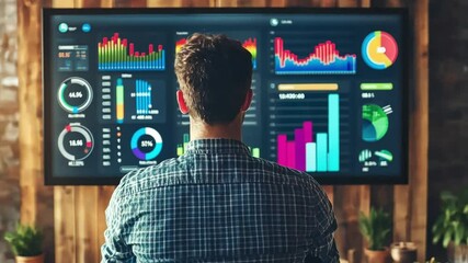Young entrepreneur standing in front of a digital marketing analytics dashboard, strategizing ways to grow their online business.