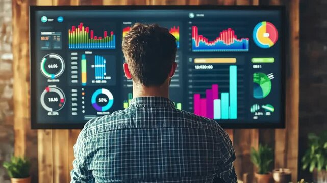Young entrepreneur standing in front of a digital marketing analytics dashboard, strategizing ways to grow their online business.