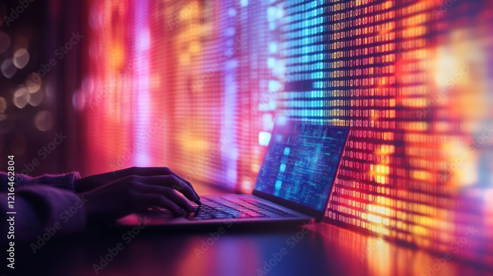 Aufkleber coding late into the night illuminated by a vibrant digital backdrop